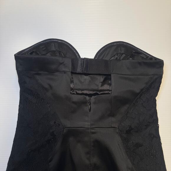 bebe Strapless Black Satin Lace Sheath Dress Women’s Medium Bodycon Bombshell - Picture 12 of 16
